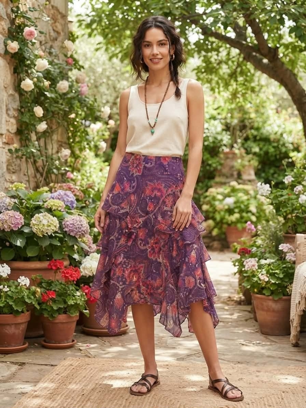 Lauren Ralph Lauren Purple Paisley Ruffle Midi Skirt Size M